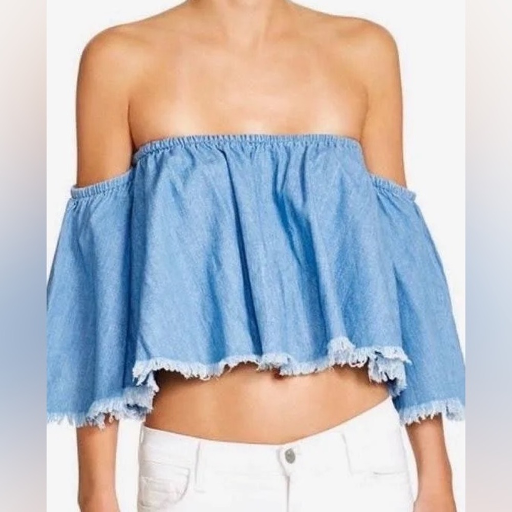 Blue Chambray Off The Shoulder Denim Bloomingdale’s Fringe Top Sz XS!!